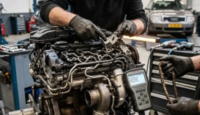 Zichtbare motorschade aan een motorblok door een opgerekte of gebroken distributieketting.