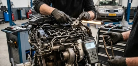 Zichtbare motorschade aan een motorblok door een opgerekte of gebroken distributieketting.