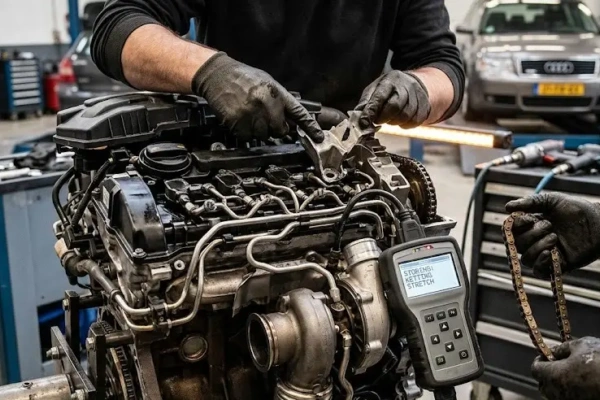 Zichtbare motorschade aan een motorblok door een opgerekte of gebroken distributieketting.